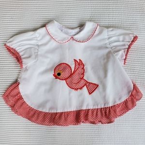Baby Dress 3 Months ? Bird Vintage Red Buttons Embroidered 1990s Gingham Checker